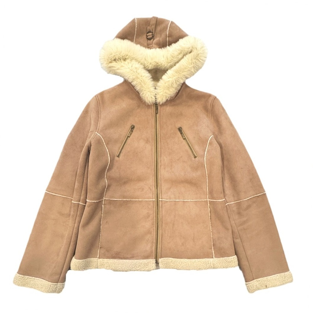 VTG! Giacca Fleece Lined Sherpa Full Zip Hood Faux‎ Suede Leather Jacket M 90s